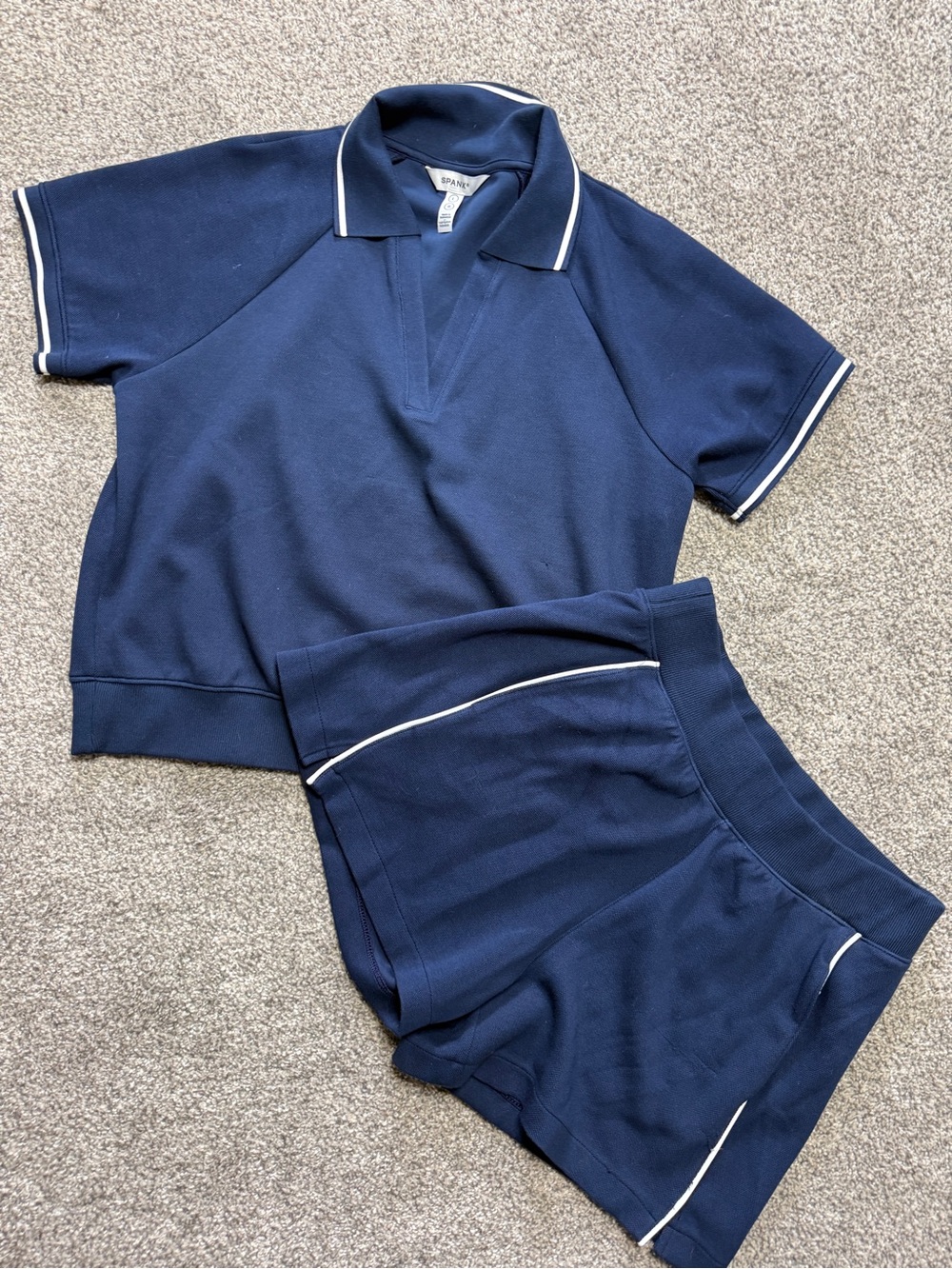 SPANX Navy Two-Piece short and polo top Set with White Trim